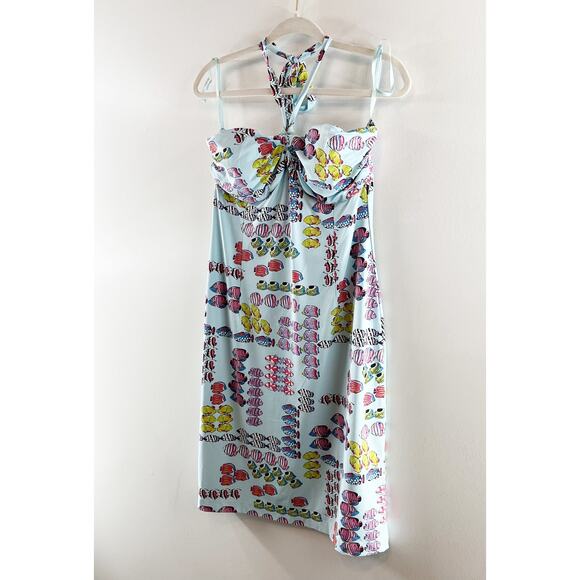 J. McLaughlin Fish Print Halter Tie Neck Mini Knee Length Dress Blue Medium - Picture 11 of 11